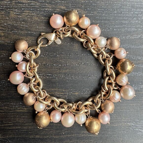 Vintage Honora Bronze Pink Freshwater Cultured Pearl Charm Bracelet 7.5” Italy - Picture 11 of 15